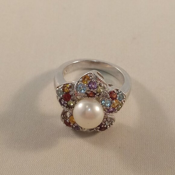 925 Silver Cherry Blossom Flower Pearl Diamond Zircon Ring Gorgeous Gift - Picture 4 of 8